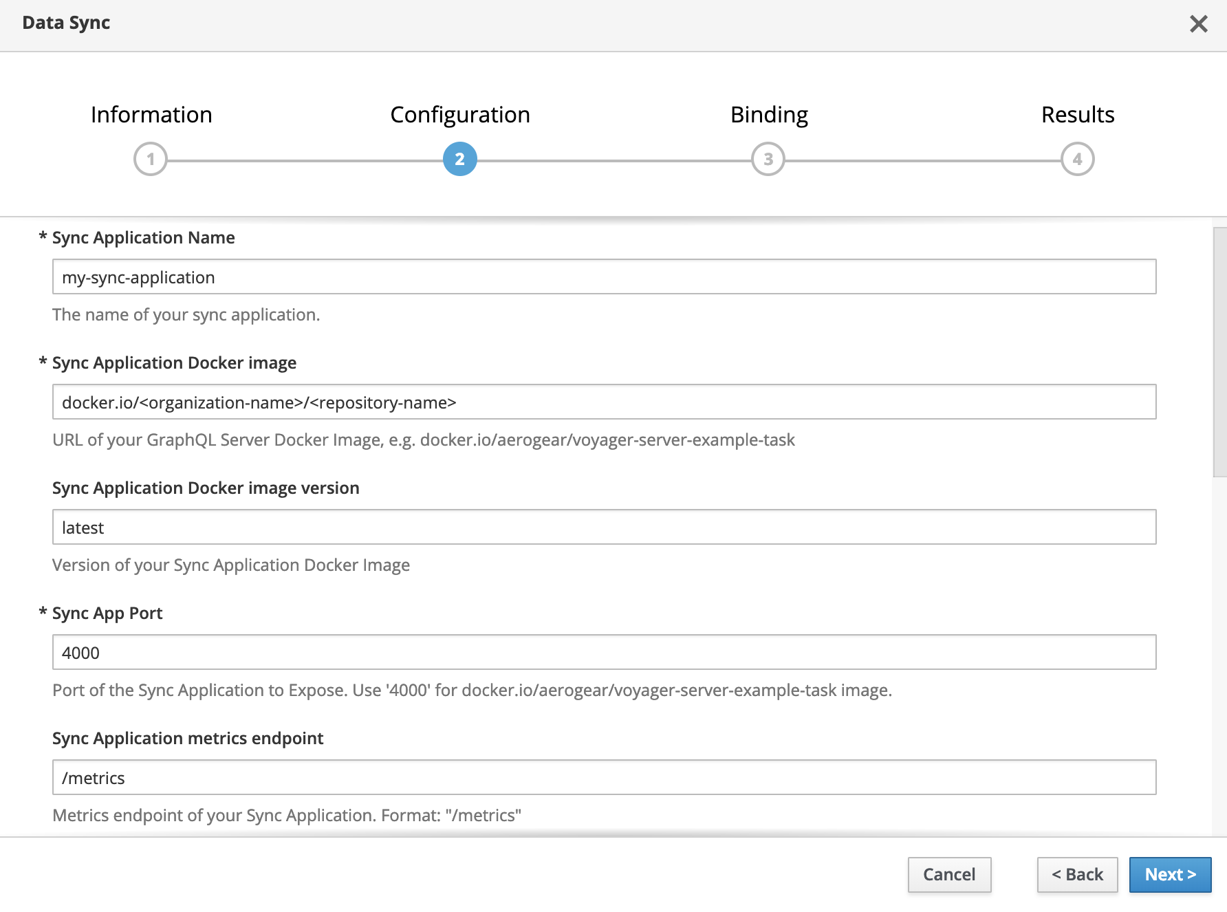 Sync Application Creation Dialog